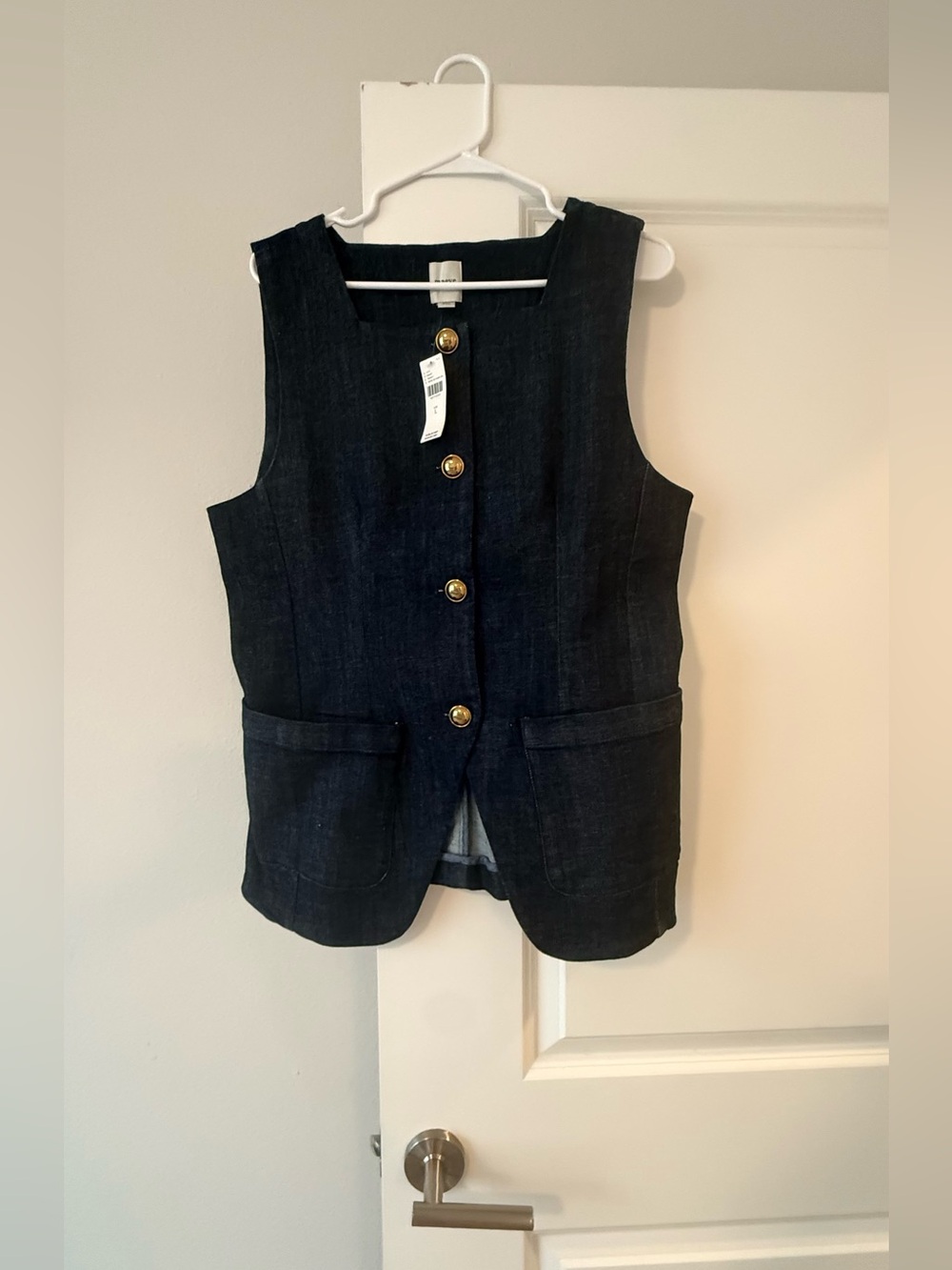 Maeve Navy Denim-Style Sleeveless Vest with Gold-Tone Button Detail - Picture 8 of 11